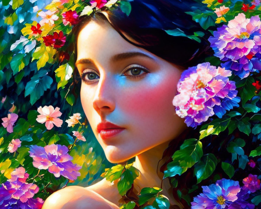 Portrait of Woman with Dark Hair Among Colorful Flowers and Sunlight