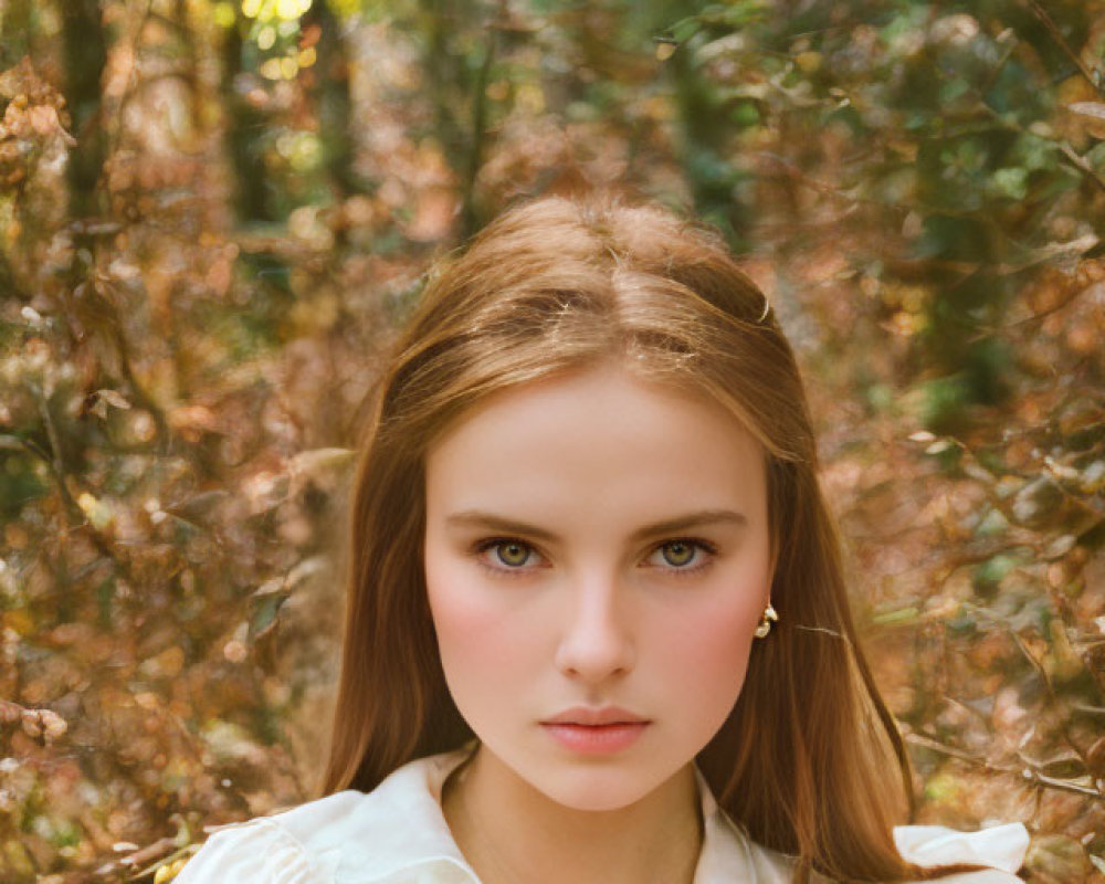 Young woman with long brown hair in white blouse poses in autumn woodland.