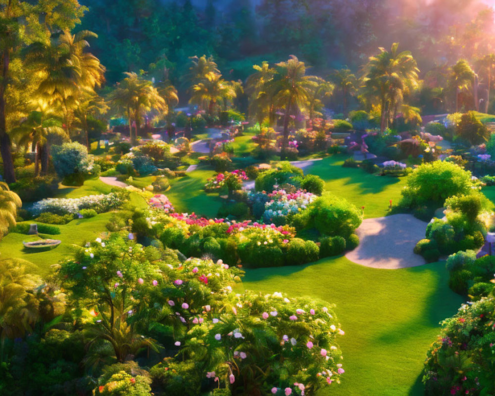 Vibrant flower garden with palm trees and winding paths in golden sunlight