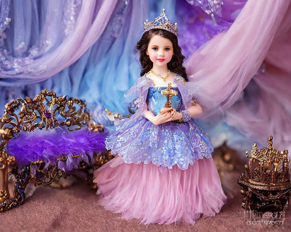 Elaborate purple princess doll with tiara and scepter surrounded by plush decor