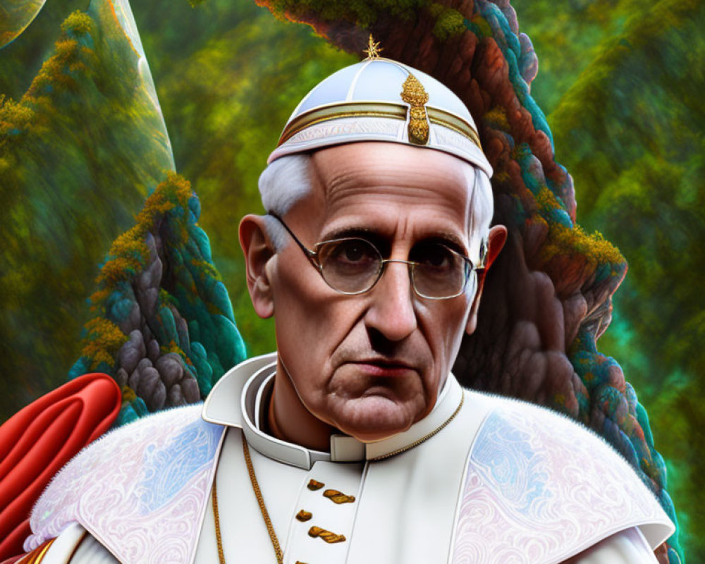 Illustrated portrait of a man in papal regalia against vibrant forest backdrop