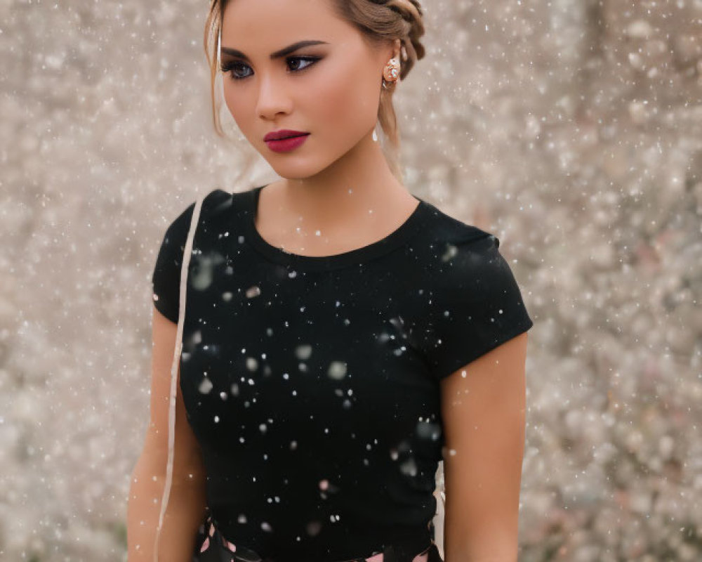 Woman with braided hair and bold makeup in black top and polka-dot skirt against floral backdrop with