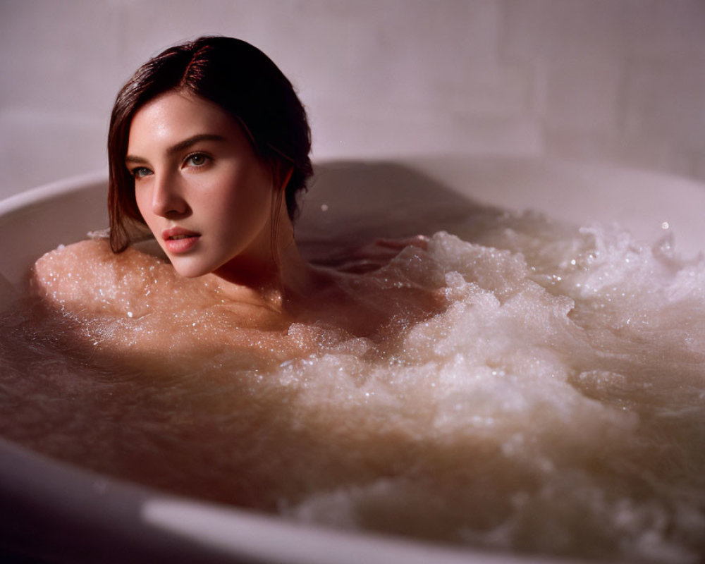 Woman relaxing in bubble bath with submerged shoulders and dark hair swept to side gazes calmly.