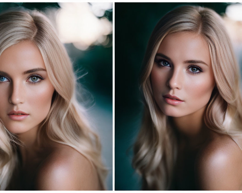 Blonde Woman with Blue Eyes in Two Portrait Styles