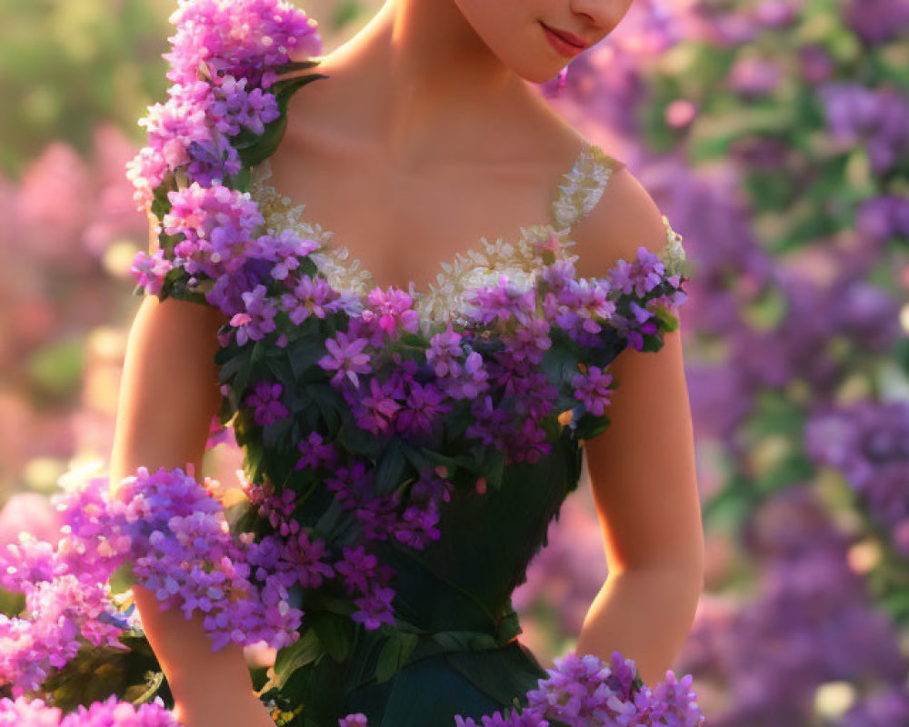 3D animated female figure in purple flower dress in vibrant garden