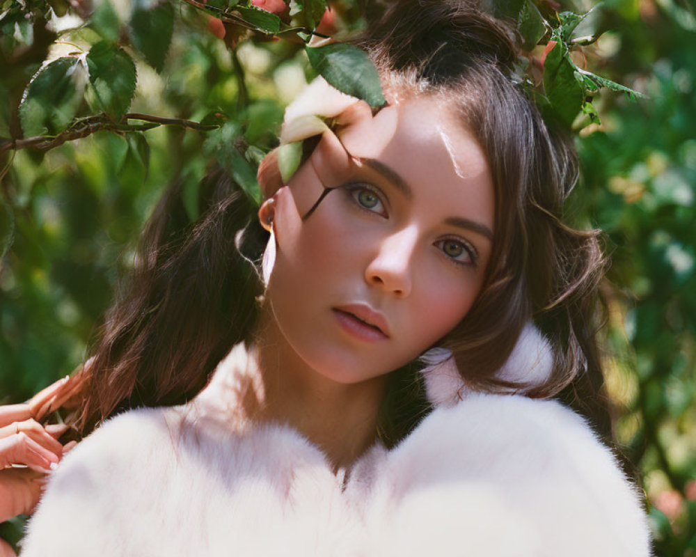 Woman in Fluffy White Coat Poses Under Rose Bush