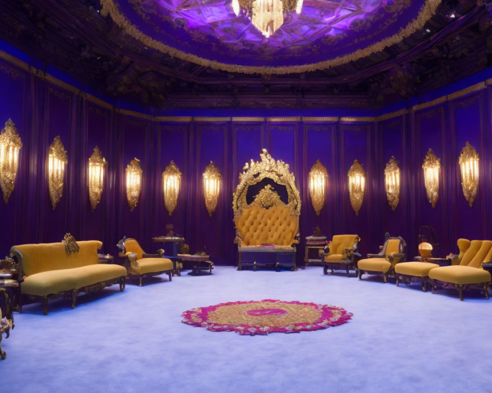 Luxurious Purple and Gold Throne Room with Blue Carpet