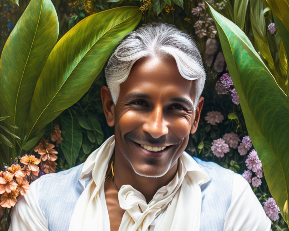 Gray-haired man smiling in lush greenery with colorful flowers.