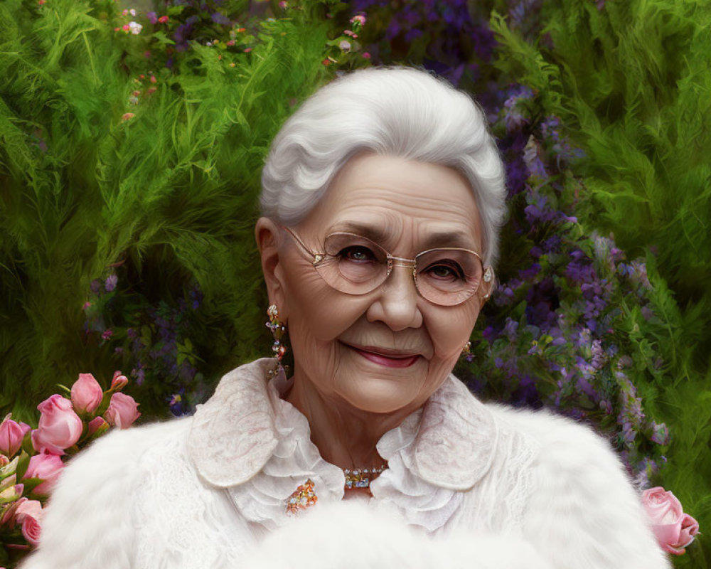 Elderly woman portrait with white hair and glasses