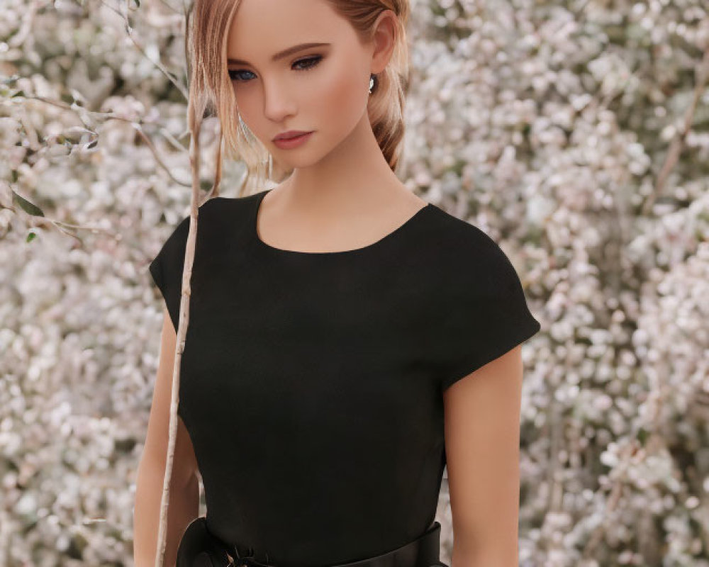 Woman in Black Top and Polka-dot Skirt Standing Among Flowering Bushes