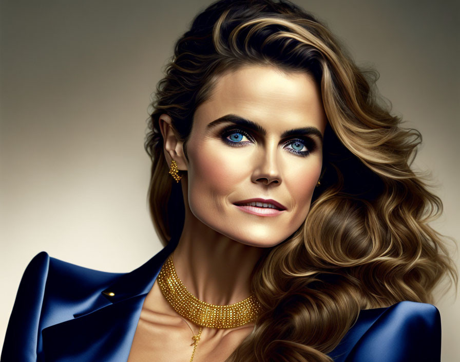 Digital portrait of woman with curly hair, blue eyes, blue jacket, gold jewelry