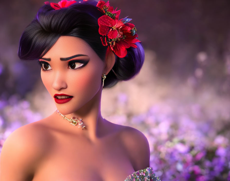 Dark-haired animated woman with red flower hair adornments, striking makeup, and elegant jewelry against purple floral