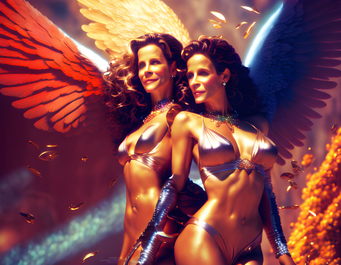 Identical female figures with angelic wings in metallic costumes and bracelets, surrounded by feathers in warm light