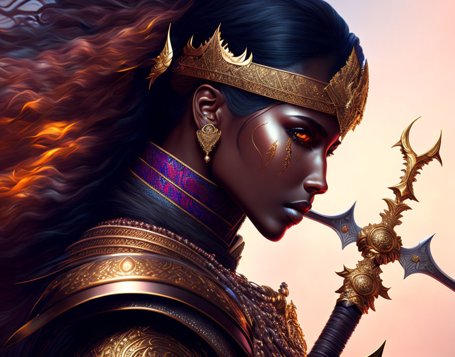 Digital artwork of fierce woman with dark skin, golden crown, and armor