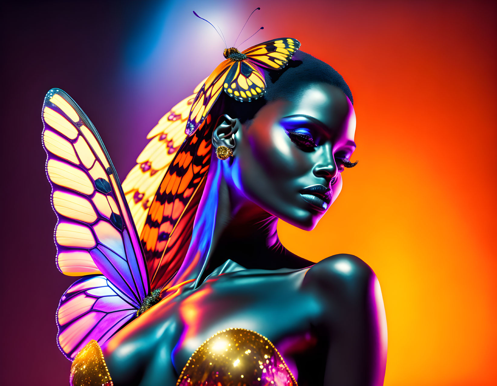 Colorful digital artwork: Woman with butterfly wings and butterflies on vivid gradient background