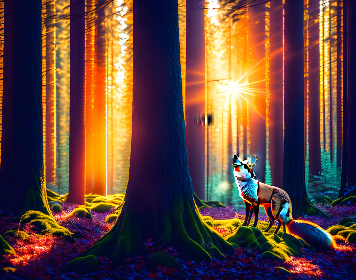 Stylized fox in vibrant magical forest with tall trees and glowing flora