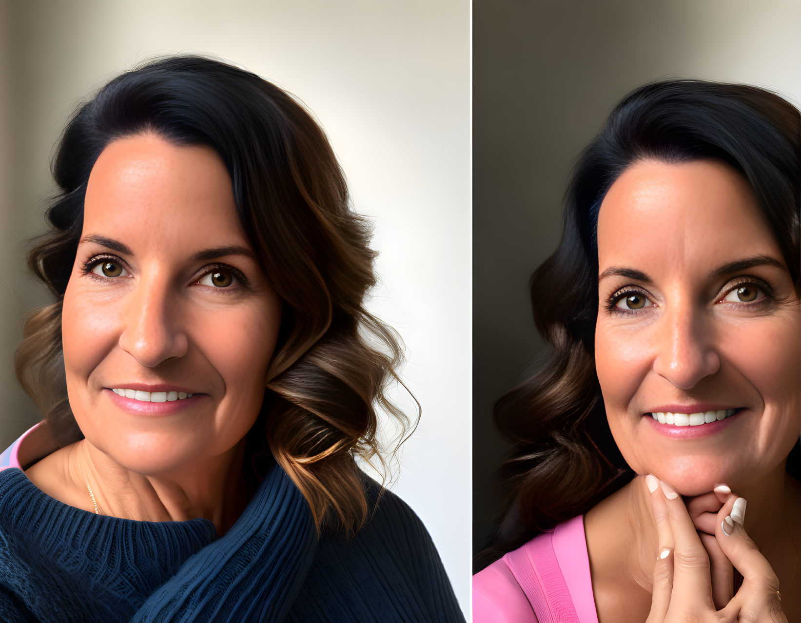 Side-by-Side Portraits: Smiling Woman with Wavy Hair in Blue Scarf and Pink