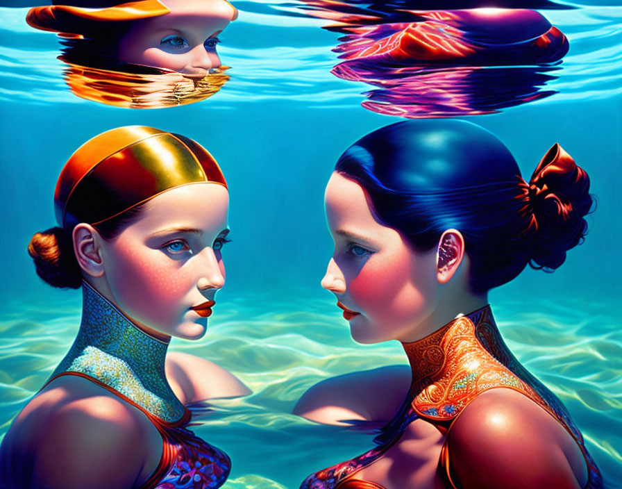 Vibrant painting of two women swimming underwater with reflections