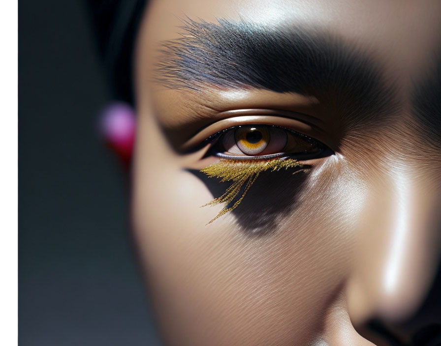 Detailed Close-Up of Dramatic Eye Makeup with Black and Gold Accents