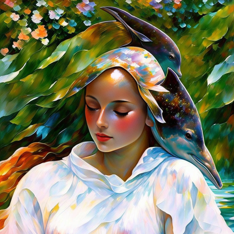 Colorful Impressionistic Painting of Woman with Dolphin in Floral Setting