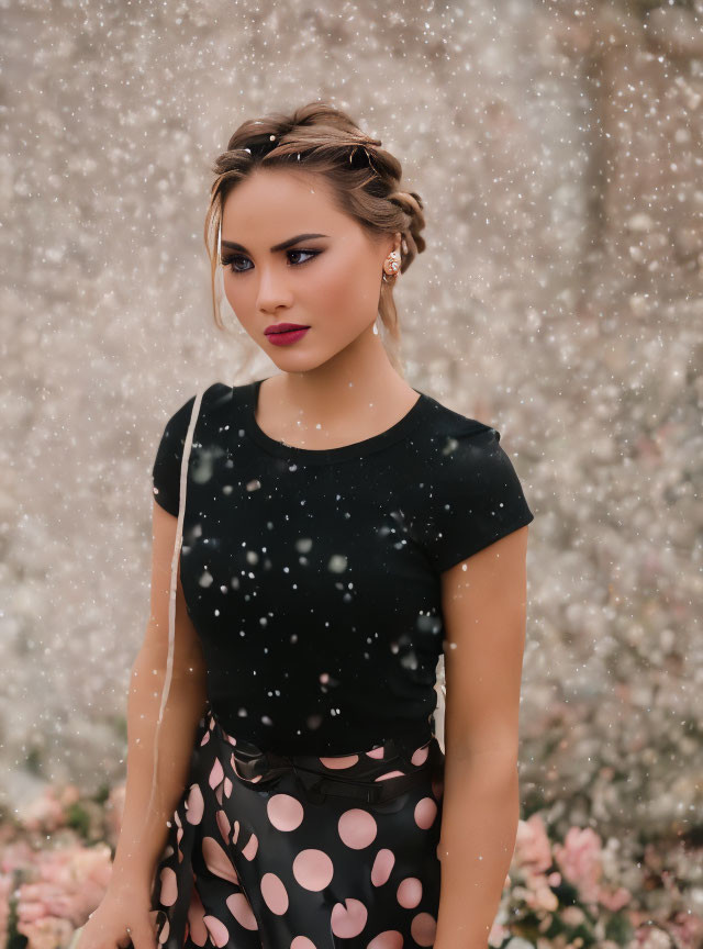 Woman with braided hair and bold makeup in black top and polka-dot skirt against floral backdrop with