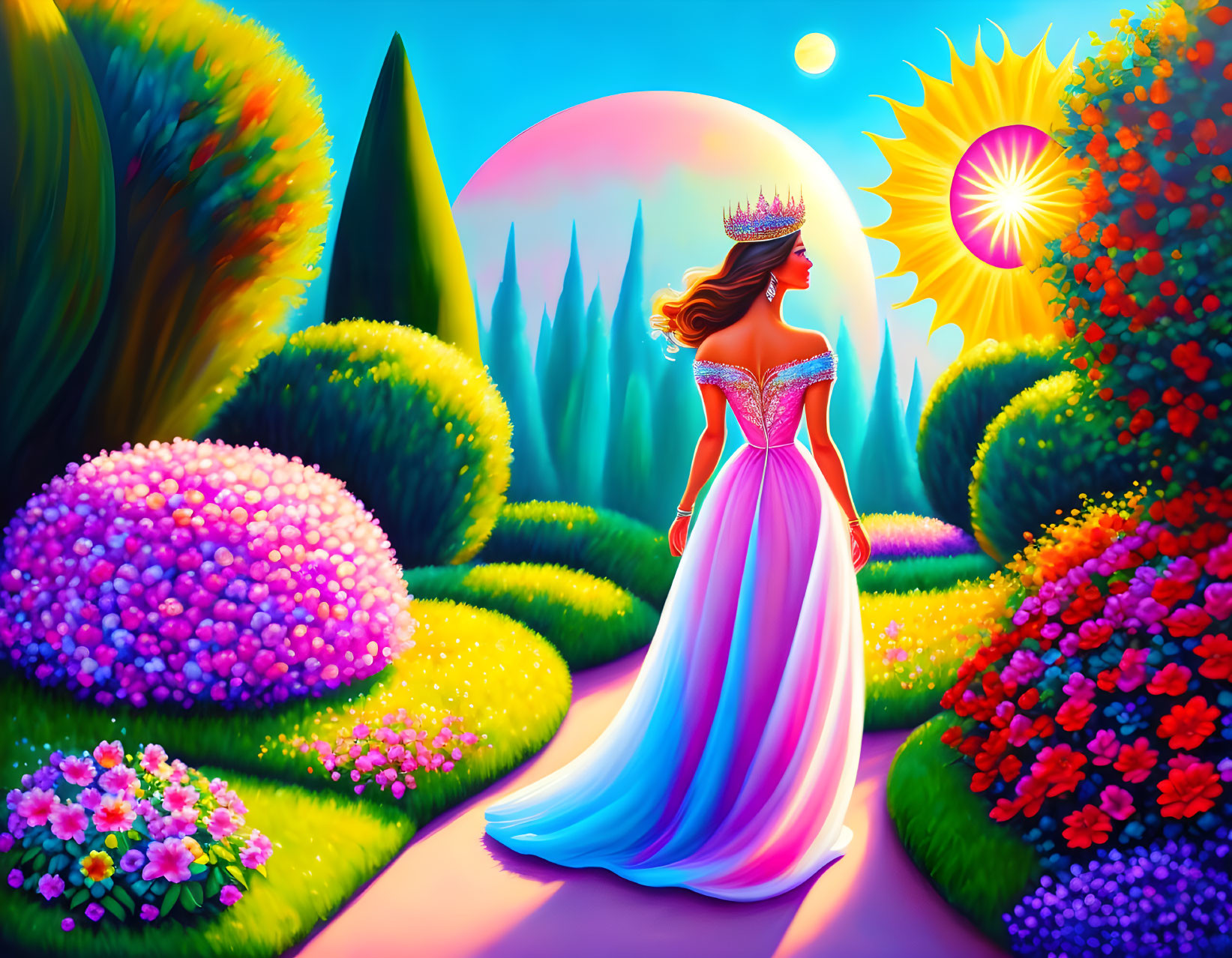 Colorful Princess Walking in Garden Path at Sunset