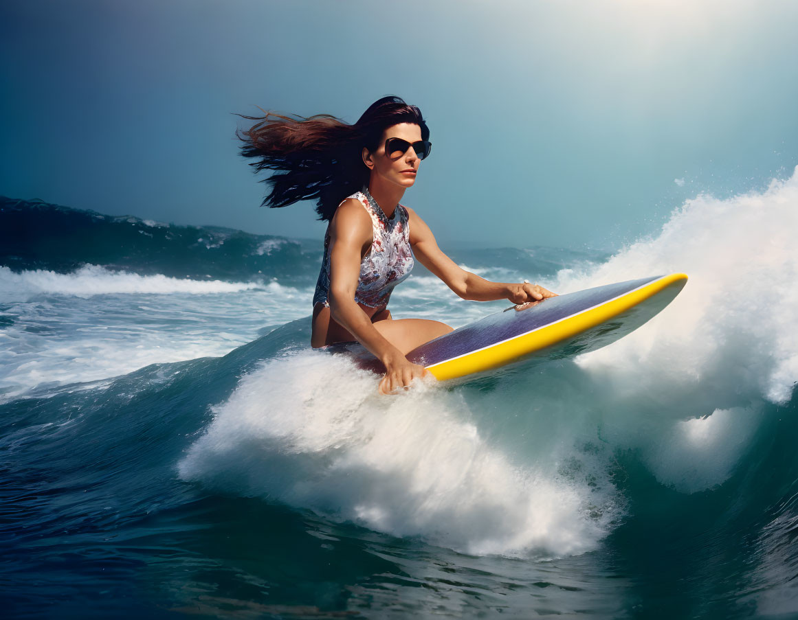 Woman in sunglasses and swimwear surfing on a wave with flowing hair