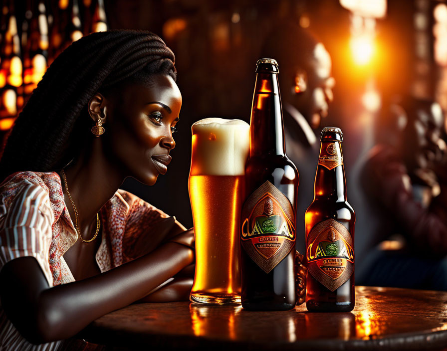 Woman in bar gazes at pint of beer and bottles in warm, cozy ambiance