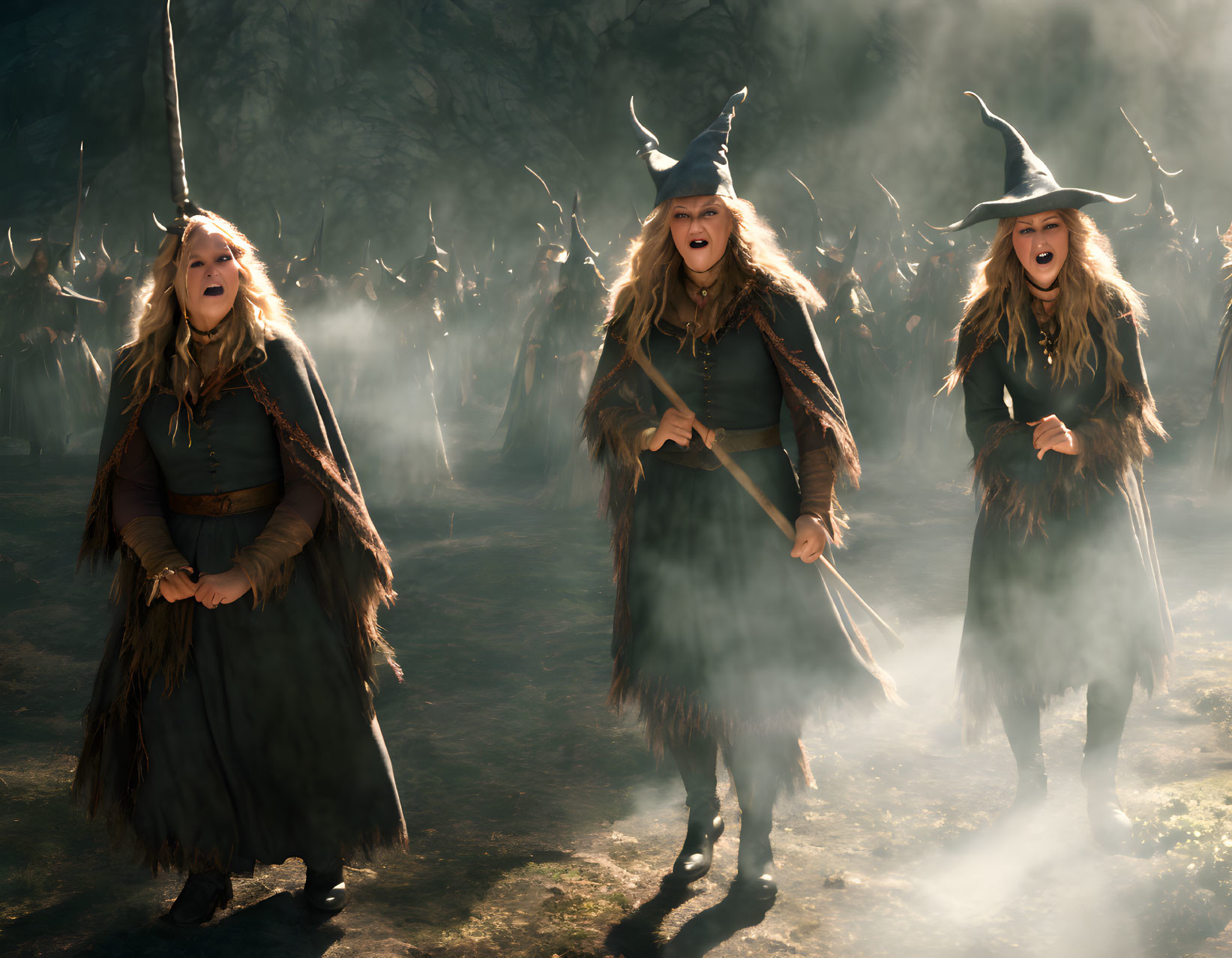 Three witches in pointed hats and cloaks with broomsticks in a mystical forest.