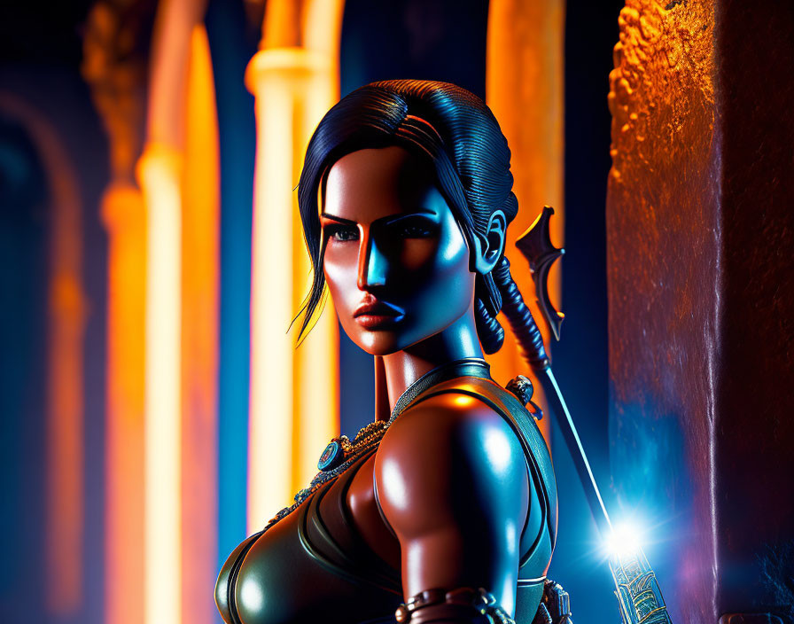 Stylized female warrior in armor with glowing lights