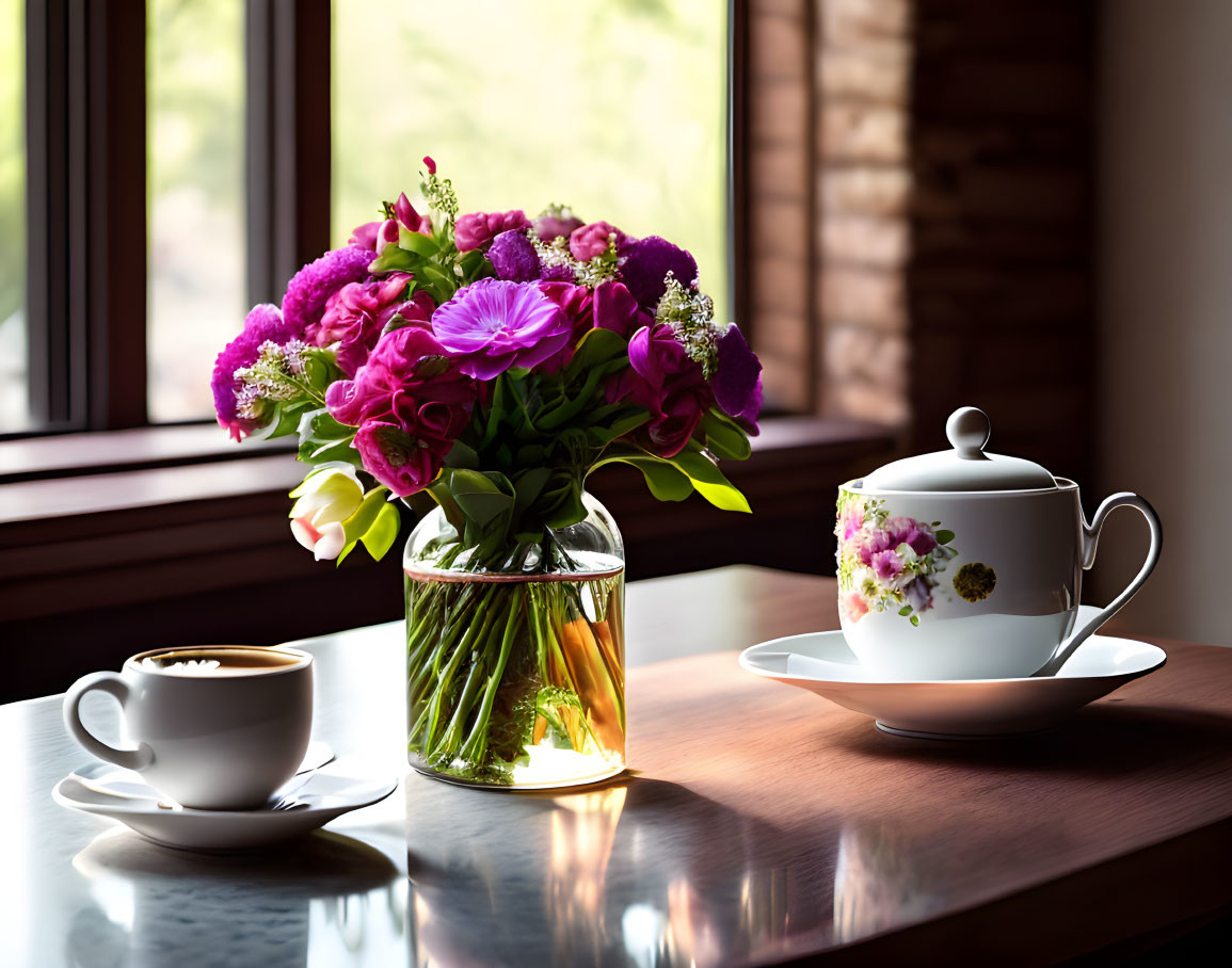 Purple Flowers Bouquet Next to Steaming Tea Cup on Wooden Table