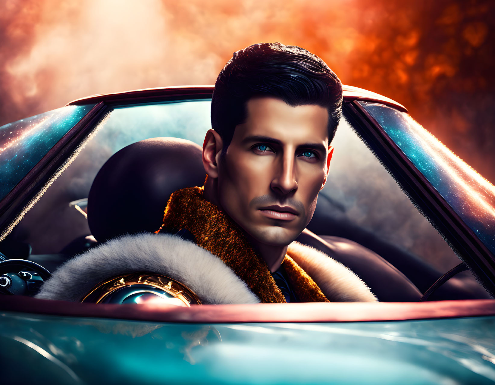 Man in furry coat with slicked-back hair in fiery car setting