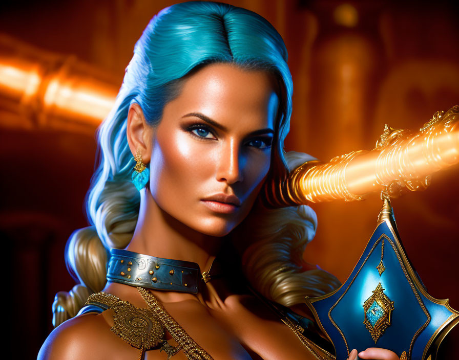 Stylized digital portrait of woman in blue hair and gold armor