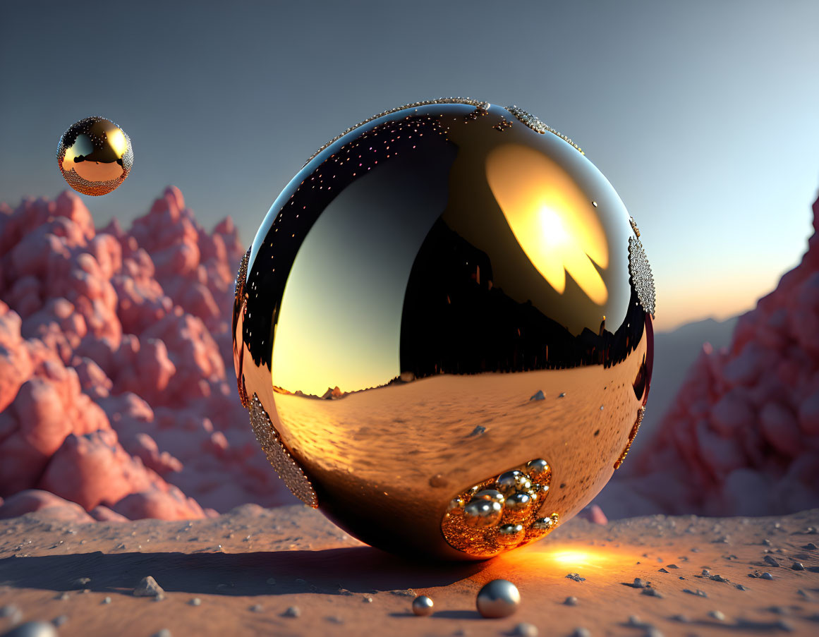 Reflective sphere and smaller sphere casting shadows on sandy surface with pink rocks and sunset sky.