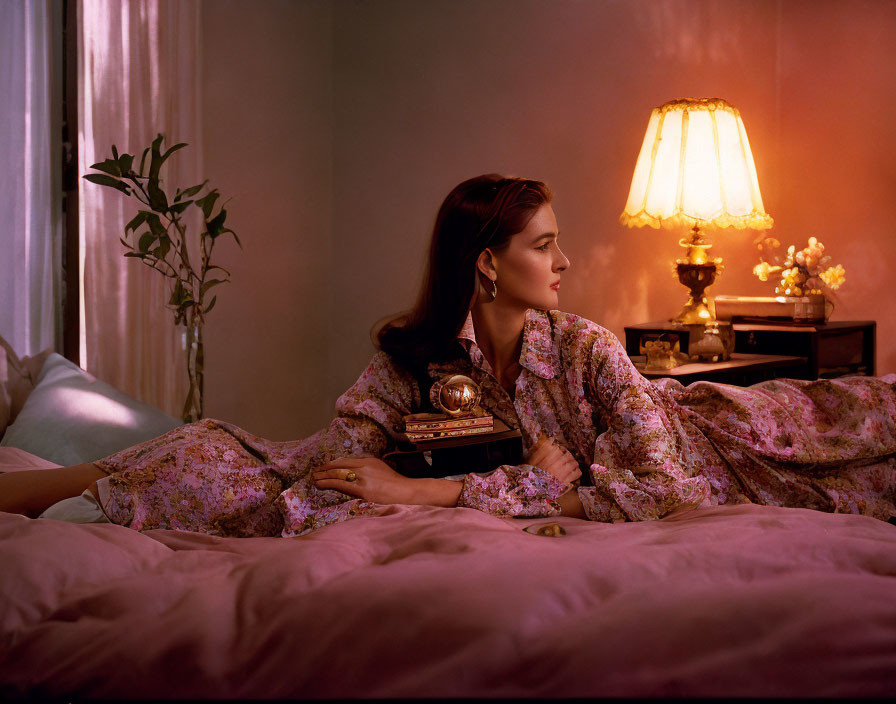 Woman in floral dress resting on bed with old-fashioned telephone and lamp