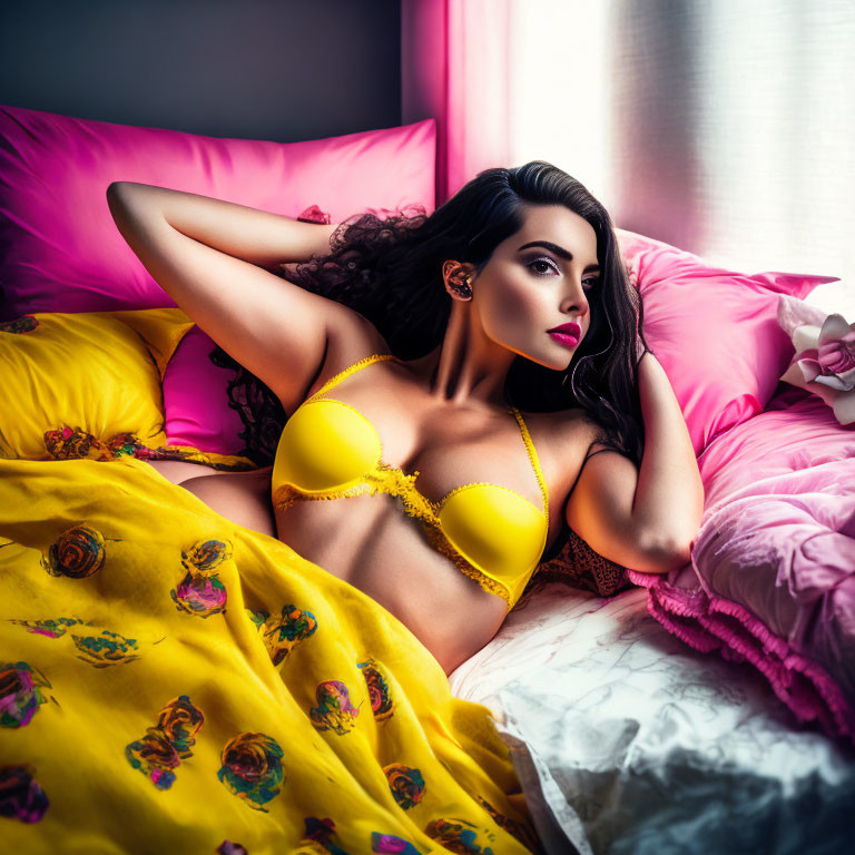 Woman in Yellow Bikini Relaxing on Colorful Bed with Floral Blanket and Pink Curtains