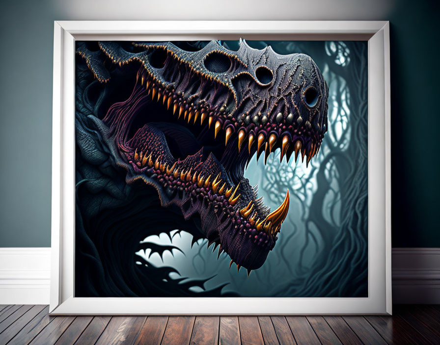 Detailed 3D art of fierce dragon with sharp teeth and horns in white frame