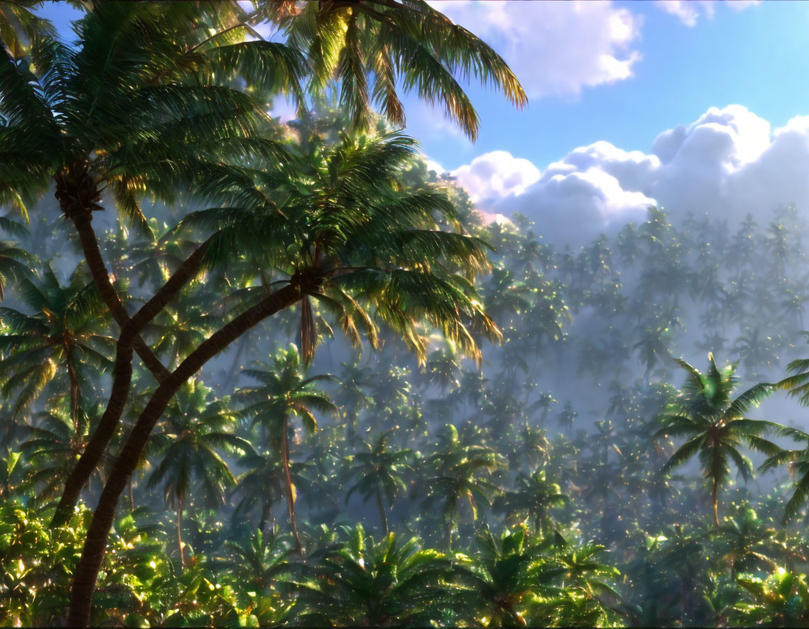 Tropical palm forest under sunlit sky and fluffy clouds