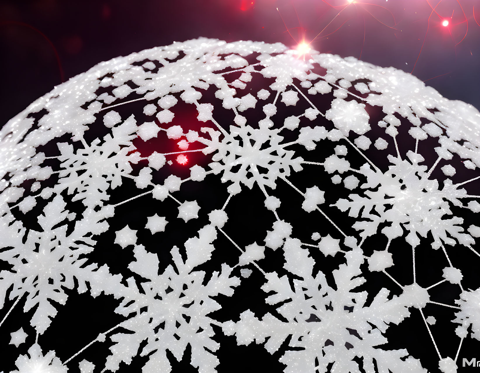 Detailed Snowflake Pattern Sphere with Red Lights on Dark Background