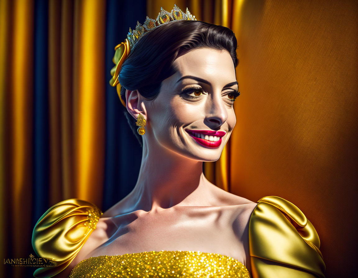 Smiling woman in yellow gown with crown and earrings against curtain backdrop