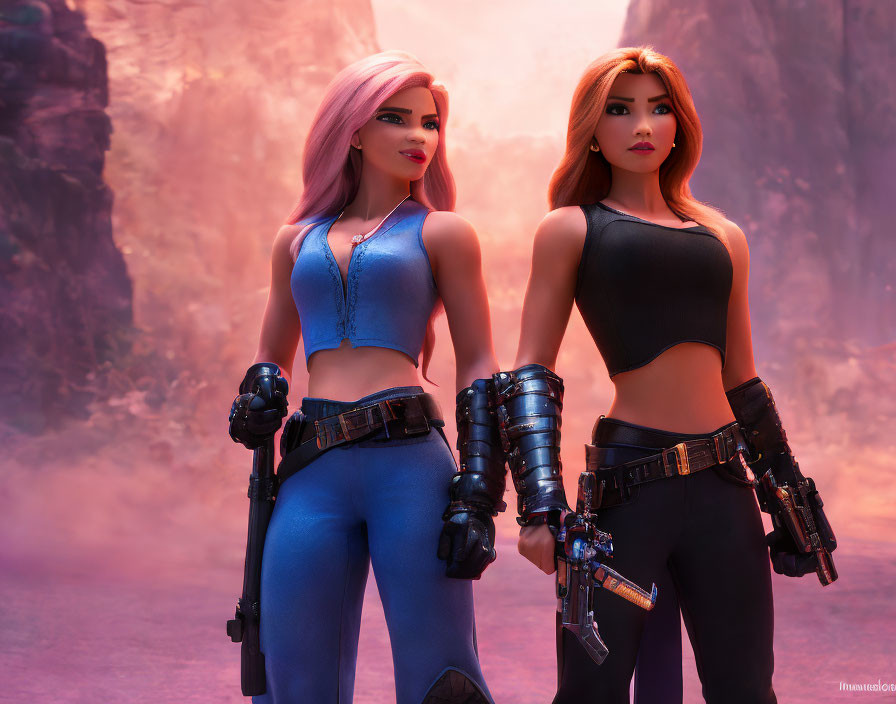 Futuristic animated female characters with handguns in pink-hued background