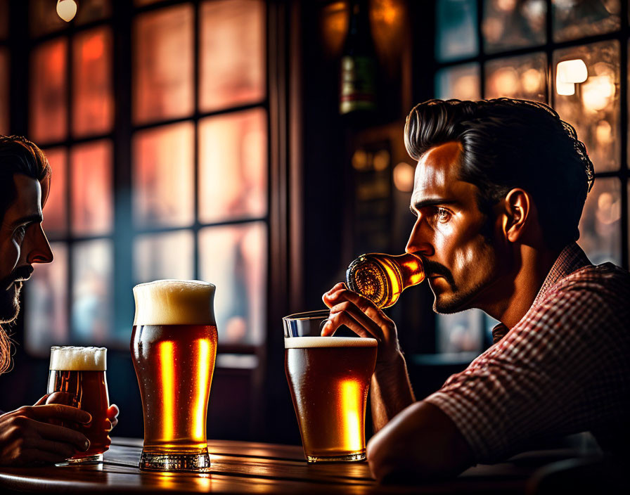 Two men conversing at a bar with one drinking beer under ambient lighting.