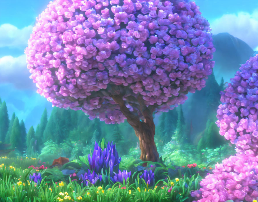 Colorful fairytale landscape with purple trees, flowers, and misty mountains