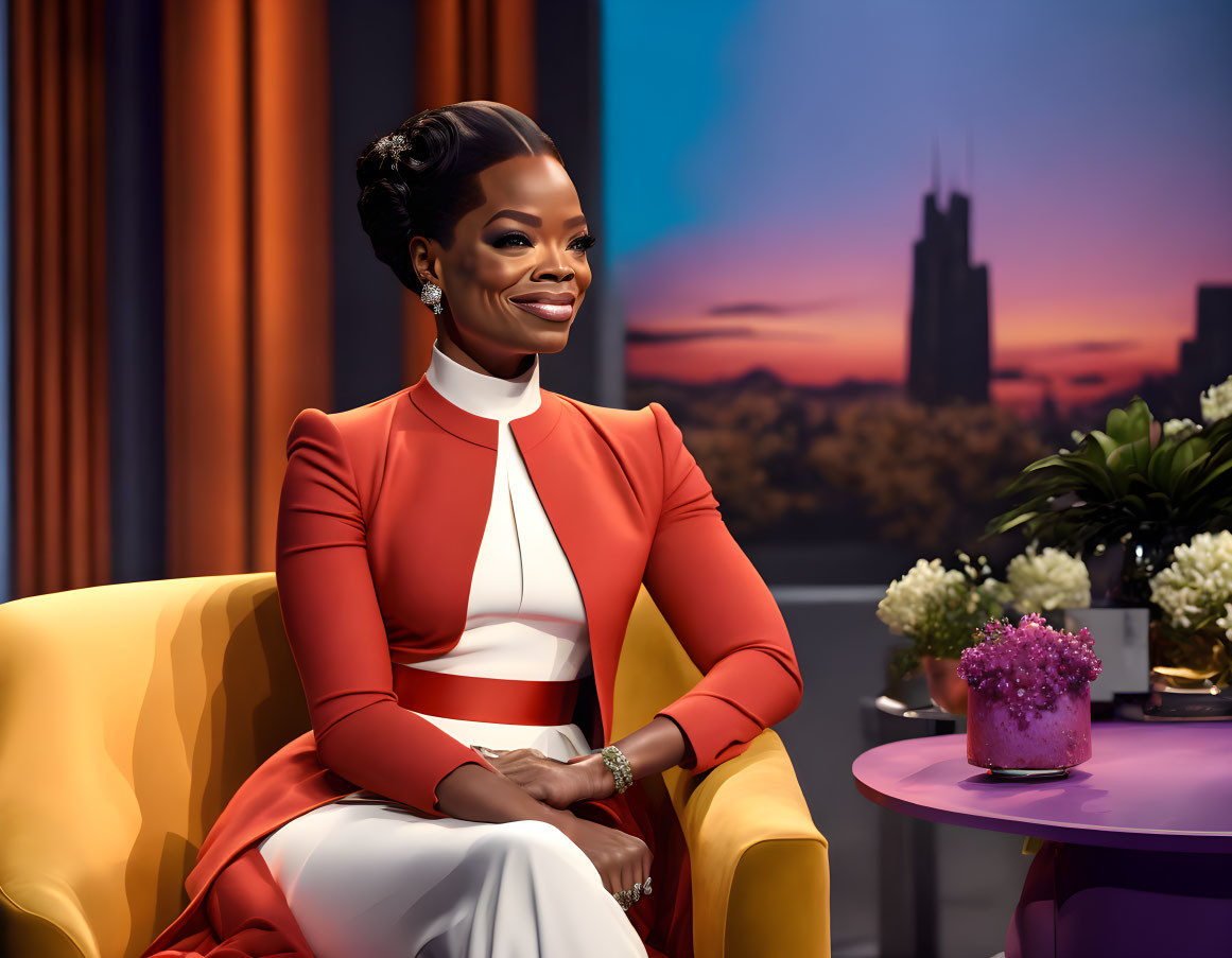 Woman in Elegant Orange and White Dress Smiling on Yellow Couch in Studio with Cityscape Background