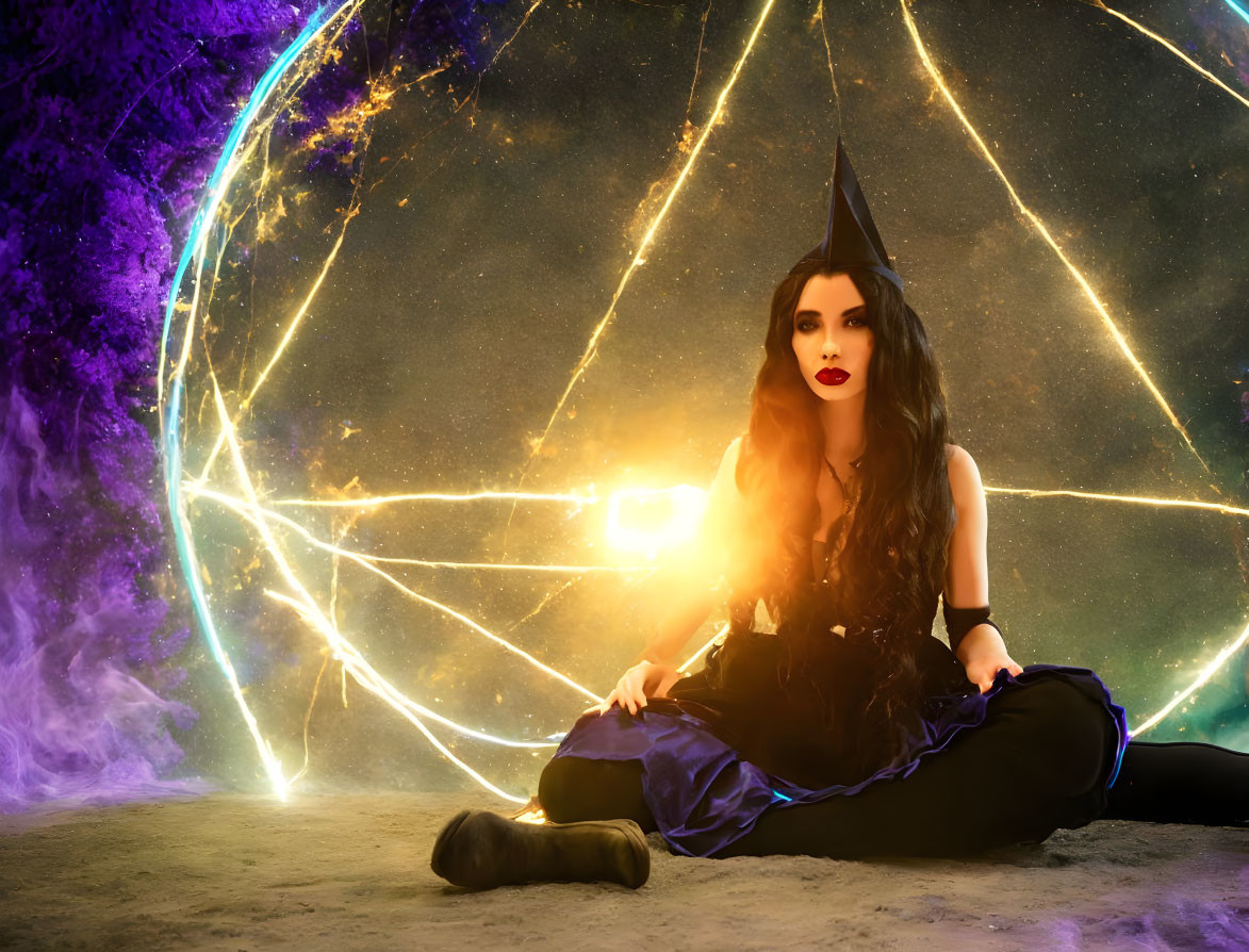 Woman in witch costume surrounded by glowing magical circles on purple backdrop