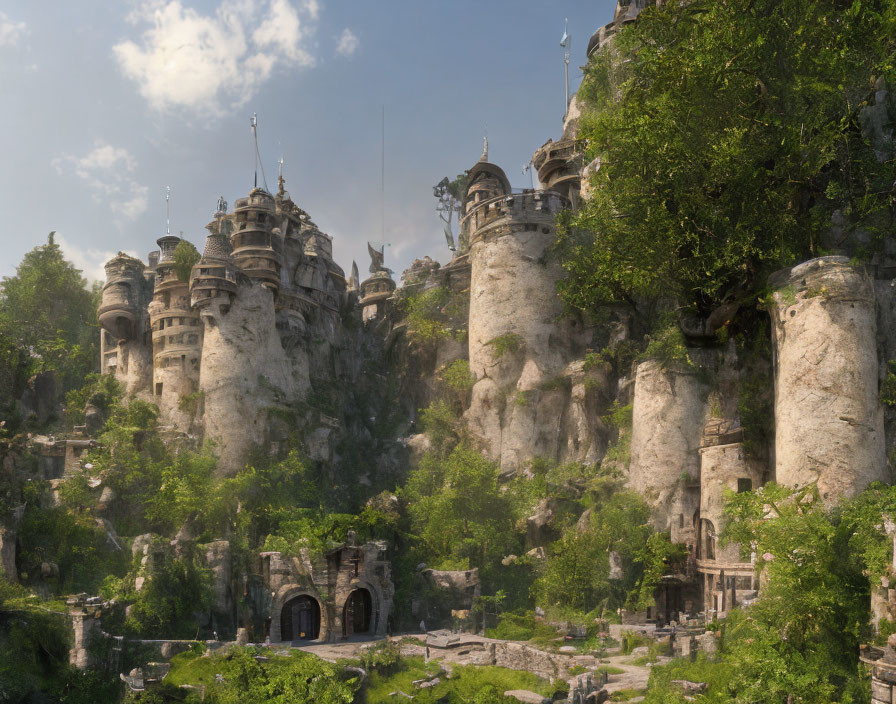 Stone Castles with Multiple Towers on Rocky Cliff Amid Lush Greenery