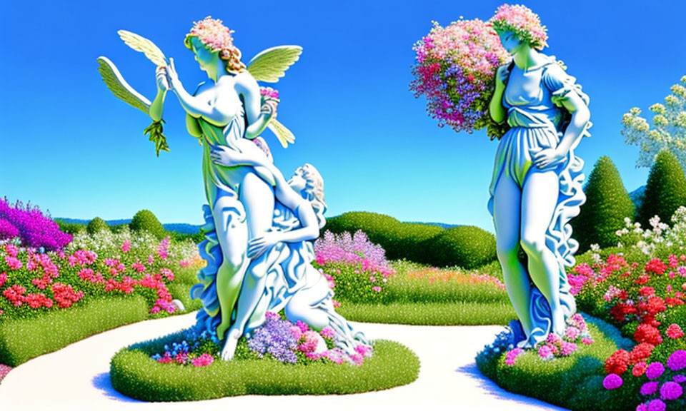 Colorful statues of ethereal figures in a vibrant garden setting.