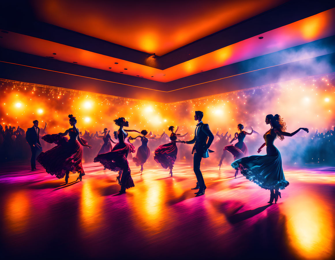 Elegant dancers in gowns and suits performing in a ballroom with vivid lighting