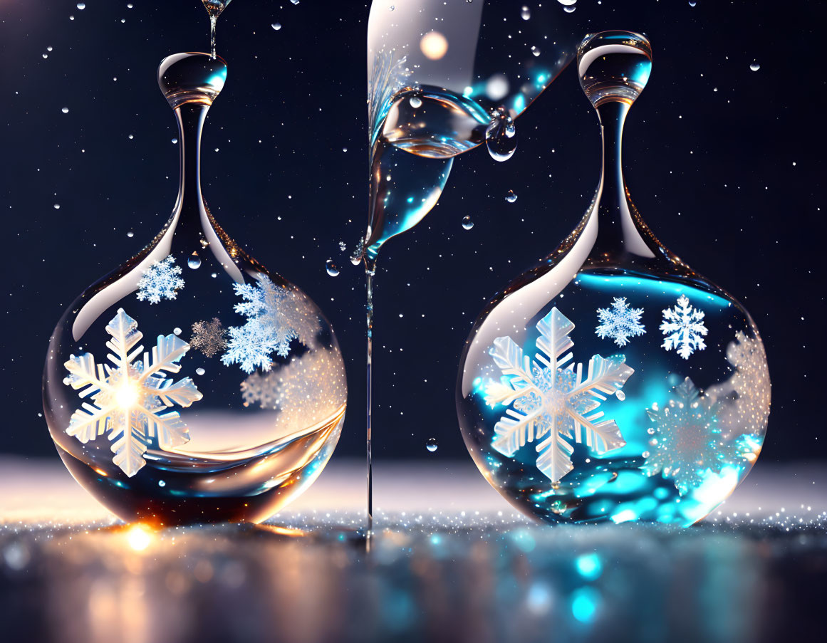 Snowflake-filled hourglasses with liquid pouring, set in starlit snow scene