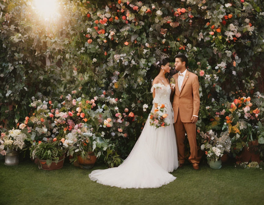 Wedding couple in lush floral setting with soft sunlight